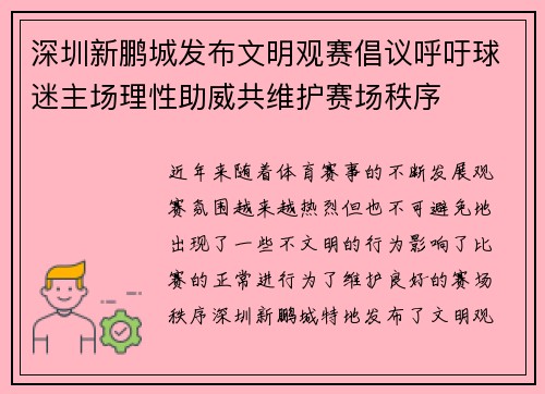 深圳新鹏城发布文明观赛倡议呼吁球迷主场理性助威共维护赛场秩序