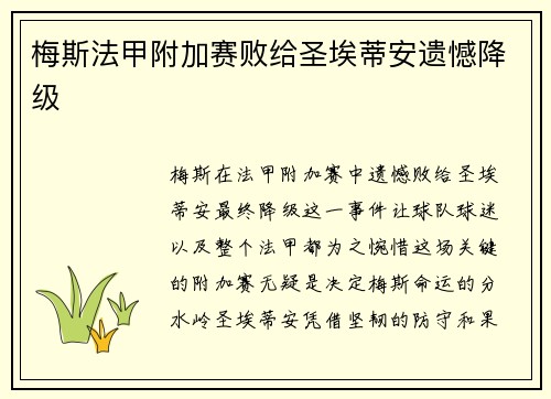 梅斯法甲附加赛败给圣埃蒂安遗憾降级